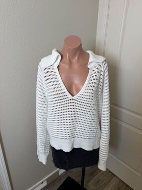 J.Crew White Open-Knit V-Neck Collared Sweater Sz XXL